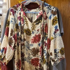 Suzanne Betro Cream Floral Blouse with Red and Blue Accents